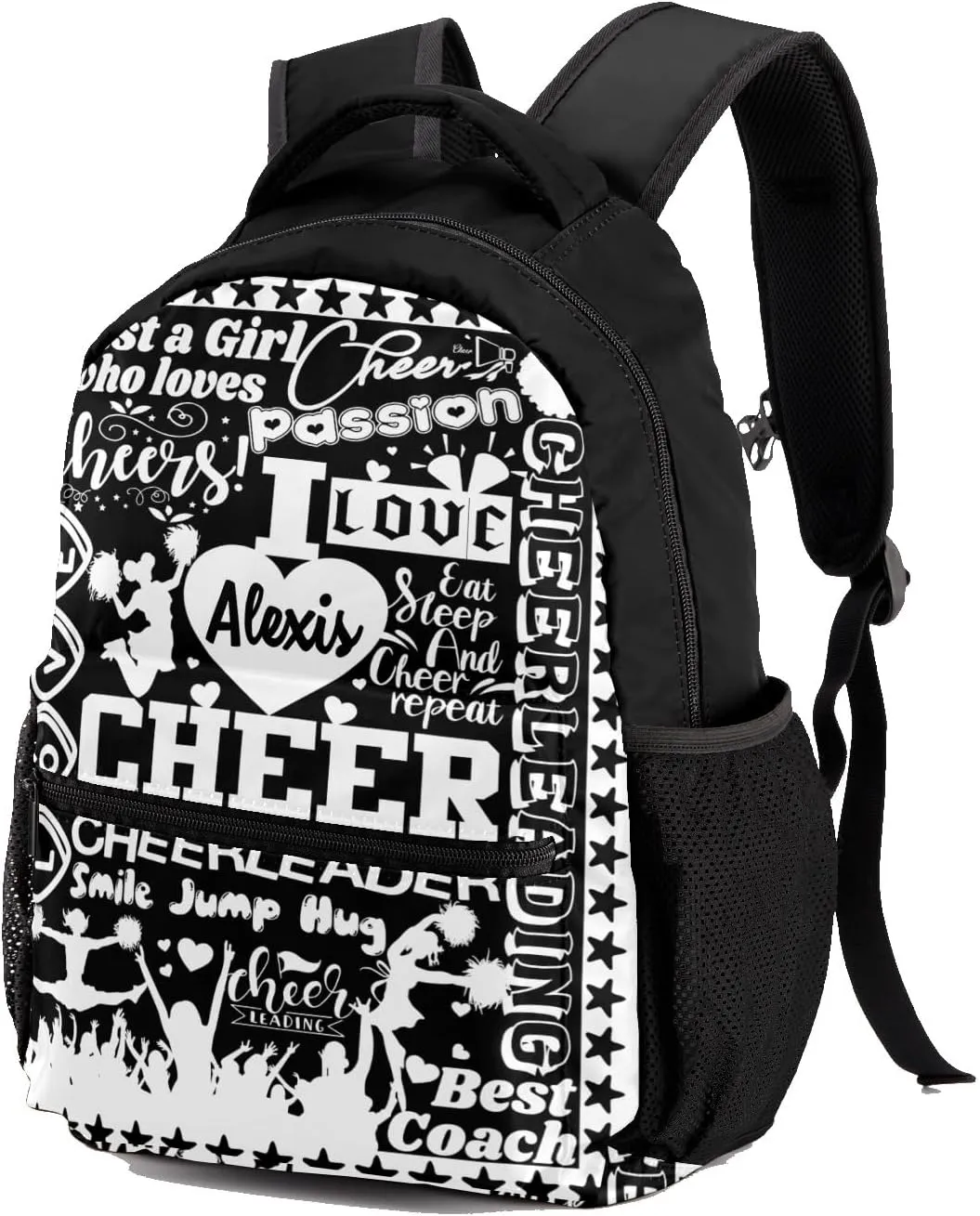Black White Cheer Pom Girl Star Backpack Personalized Casual Daypack for Kids Child Student Bookbag with 2 Side Pockets Daypack for Men Women