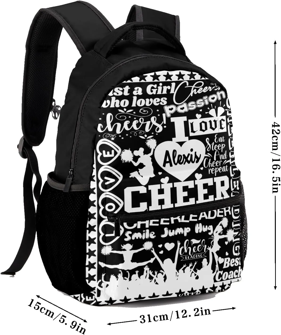 Black White Cheer Pom Girl Star Backpack Personalized Casual Daypack for Kids Child Student Bookbag with 2 Side Pockets Daypack for Men Women