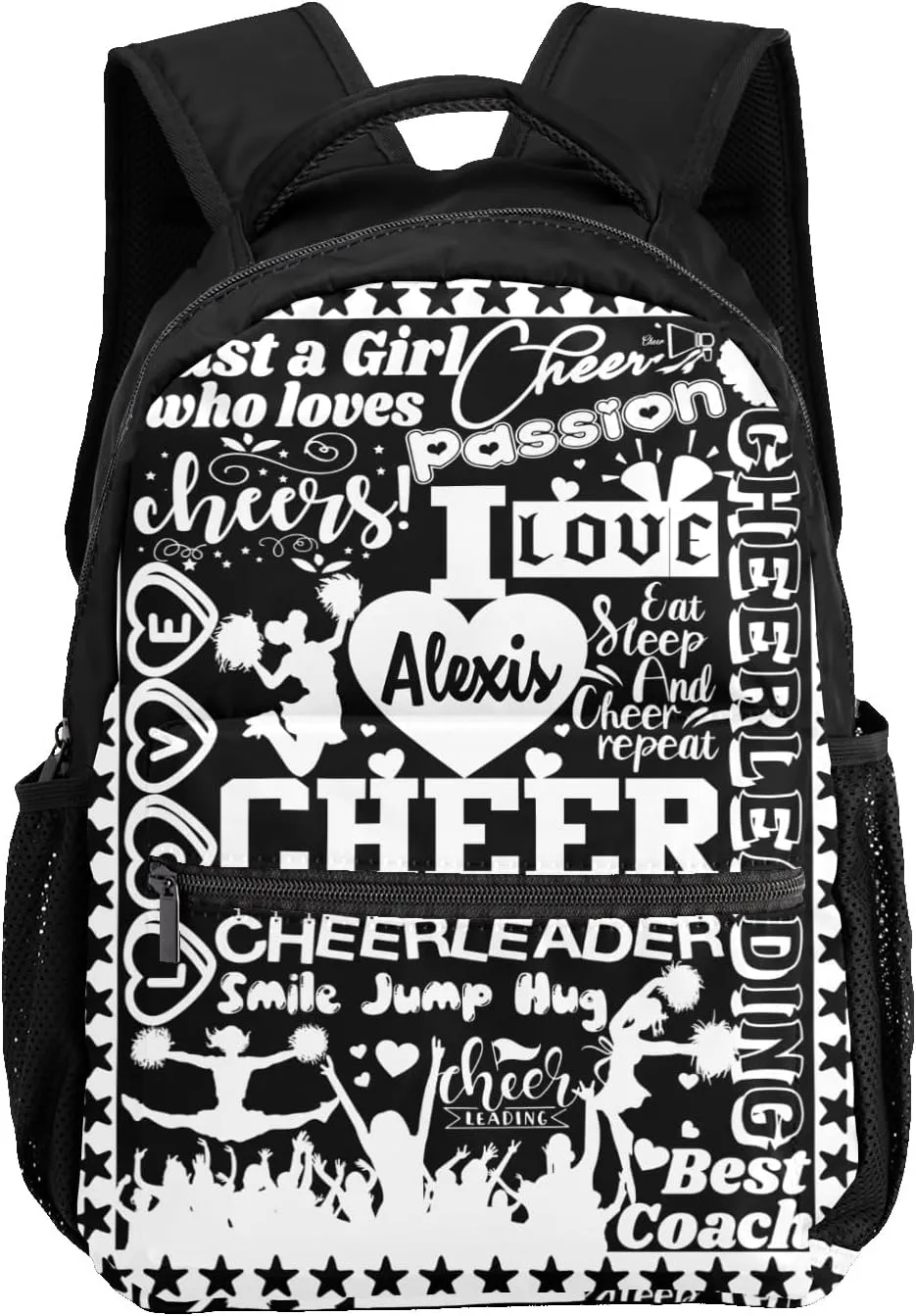 Black White Cheer Pom Girl Star Backpack Personalized Casual Daypack for Kids Child Student Bookbag with 2 Side Pockets Daypack for Men Women