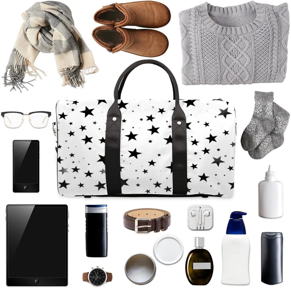 Black White Star Travel Duffle Bag for Women Men Gym Duffel Foldable Bag Waterproof Weekender 4th Of July Duffle Tote
