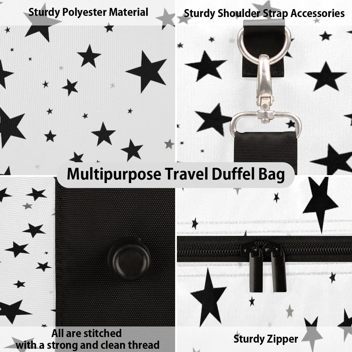 Black White Star Travel Duffle Bag for Women Men Gym Duffel Foldable Bag Waterproof Weekender 4th Of July Duffle Tote