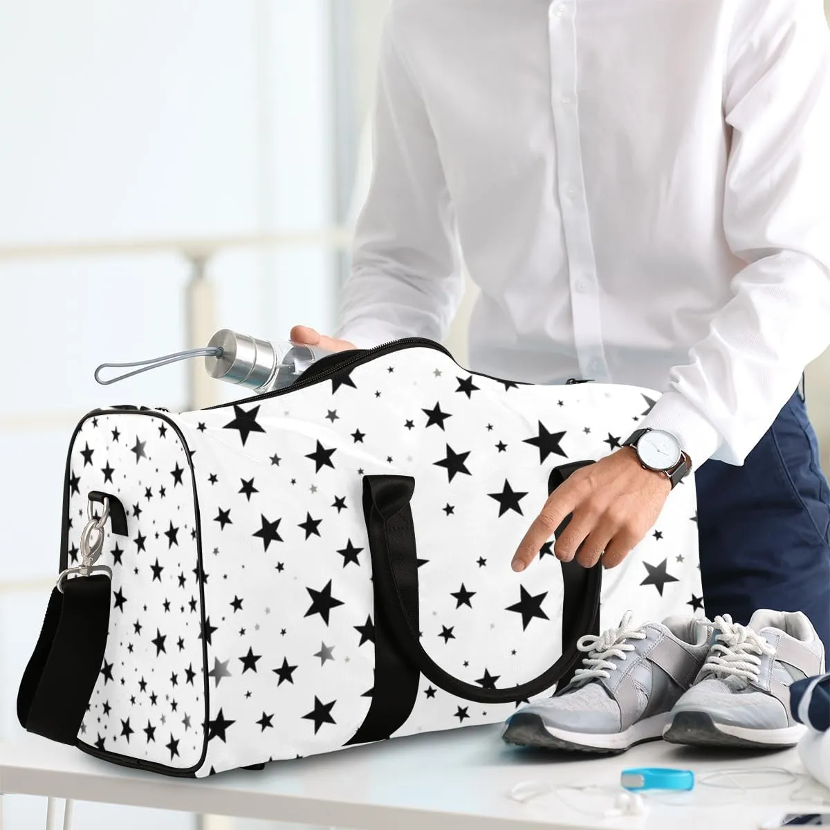 Black White Star Travel Duffle Bag for Women Men Gym Duffel Foldable Bag Waterproof Weekender 4th Of July Duffle Tote