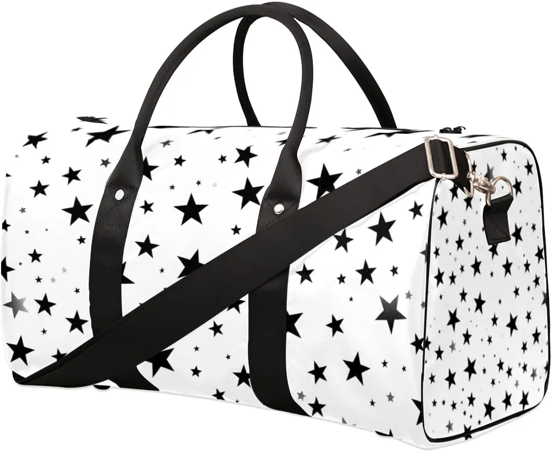 Black White Star Travel Duffle Bag for Women Men Gym Duffel Foldable Bag Waterproof Weekender 4th Of July Duffle Tote