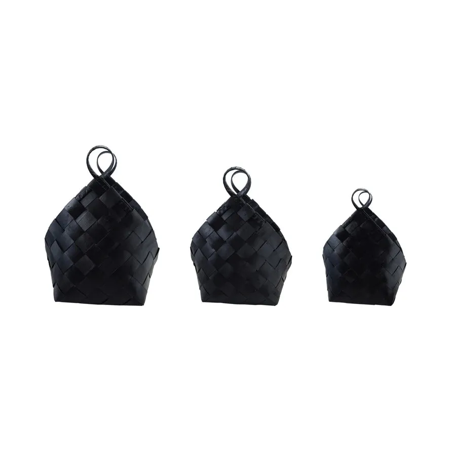 Black Woven Wood Baskets with Handles, Set of 3