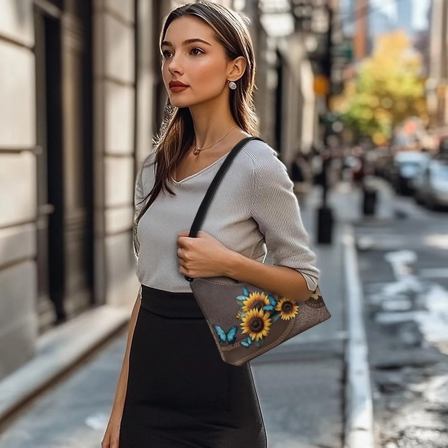 BLeather Underarm Bag for Women Shoulder Handbag with Zipper Fashion Travel Purse