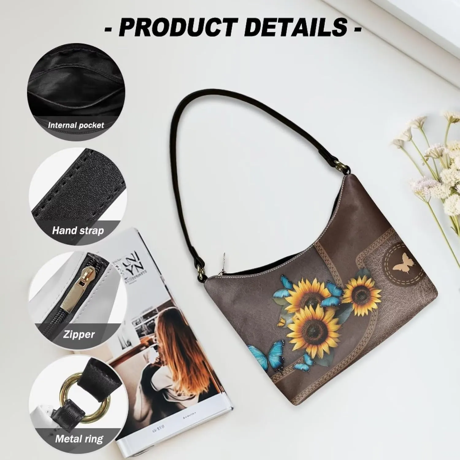 BLeather Underarm Bag for Women Shoulder Handbag with Zipper Fashion Travel Purse