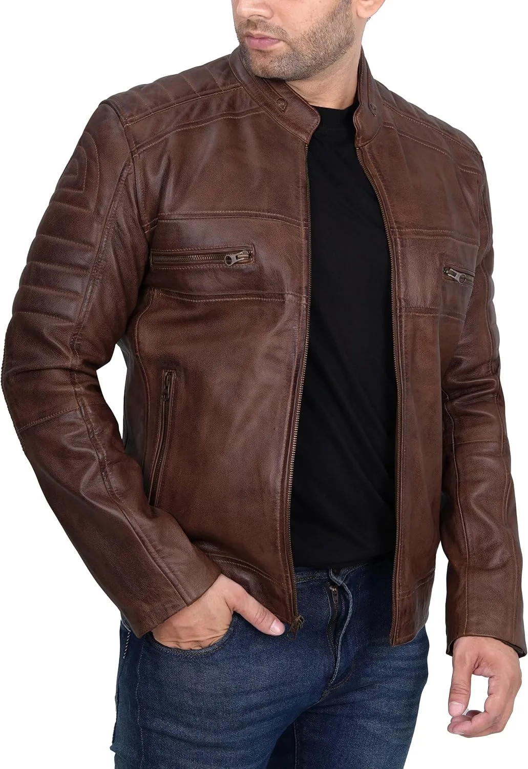 Blingsoul Real Lambskin Men's Leather Jackets - Cafe Racer Style Premium Leather Jacket Men