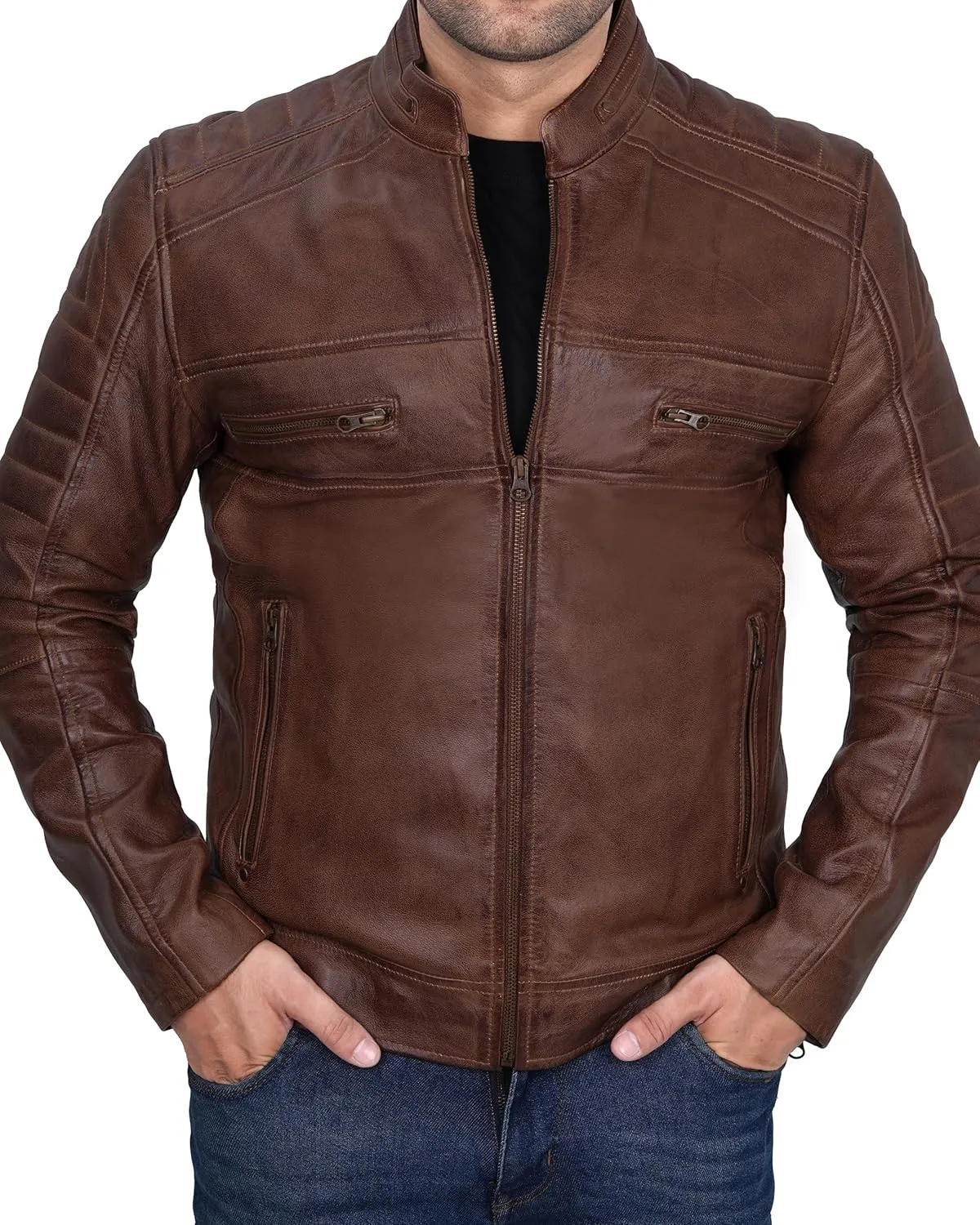 Blingsoul Real Lambskin Men's Leather Jackets - Cafe Racer Style Premium Leather Jacket Men