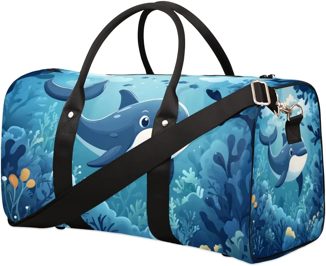 Blue Ocean Dolphin Travel Duffle Bag for Women Men Gym Duffel Foldable Bag Waterproof Weekender Underwater World Duffle Tote