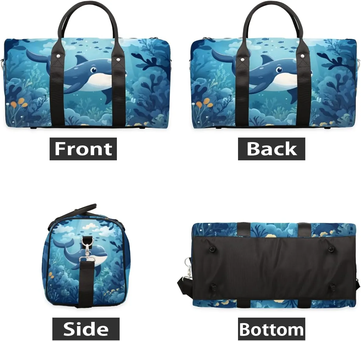Blue Ocean Dolphin Travel Duffle Bag for Women Men Gym Duffel Foldable Bag Waterproof Weekender Underwater World Duffle Tote