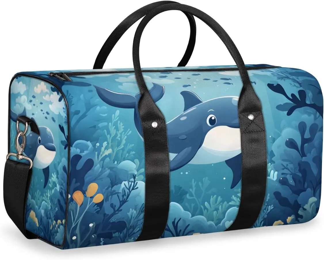 Blue Ocean Dolphin Travel Duffle Bag for Women Men Gym Duffel Foldable Bag Waterproof Weekender Underwater World Duffle Tote