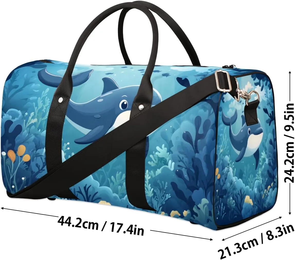 Blue Ocean Dolphin Travel Duffle Bag for Women Men Gym Duffel Foldable Bag Waterproof Weekender Underwater World Duffle Tote