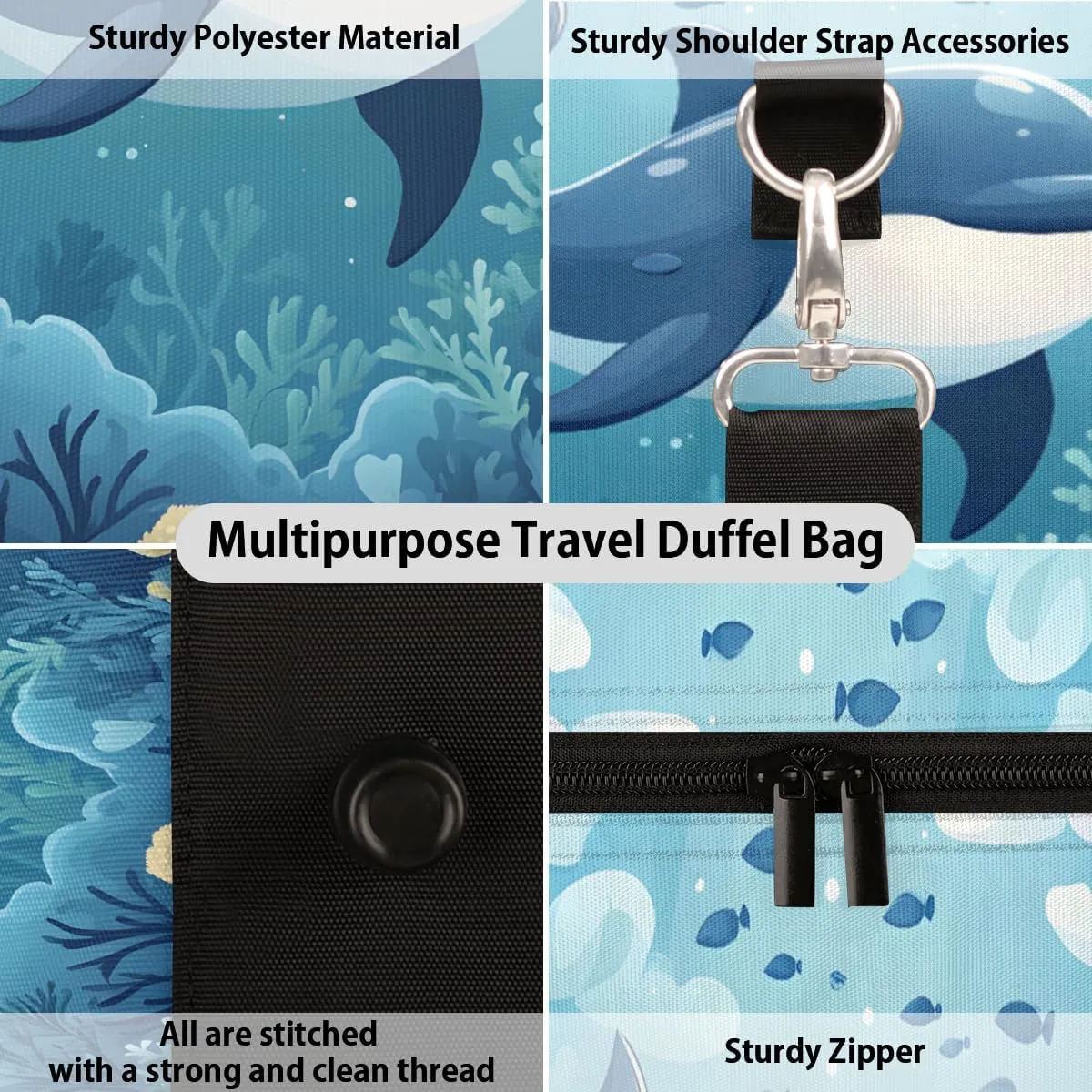 Blue Ocean Dolphin Travel Duffle Bag for Women Men Gym Duffel Foldable Bag Waterproof Weekender Underwater World Duffle Tote