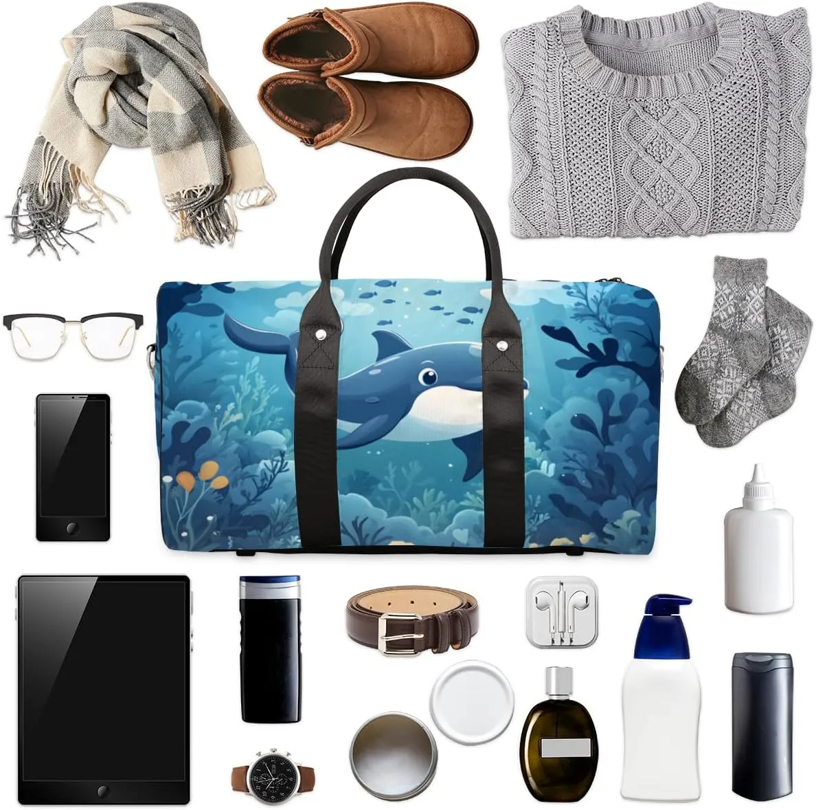 Blue Ocean Dolphin Travel Duffle Bag for Women Men Gym Duffel Foldable Bag Waterproof Weekender Underwater World Duffle Tote