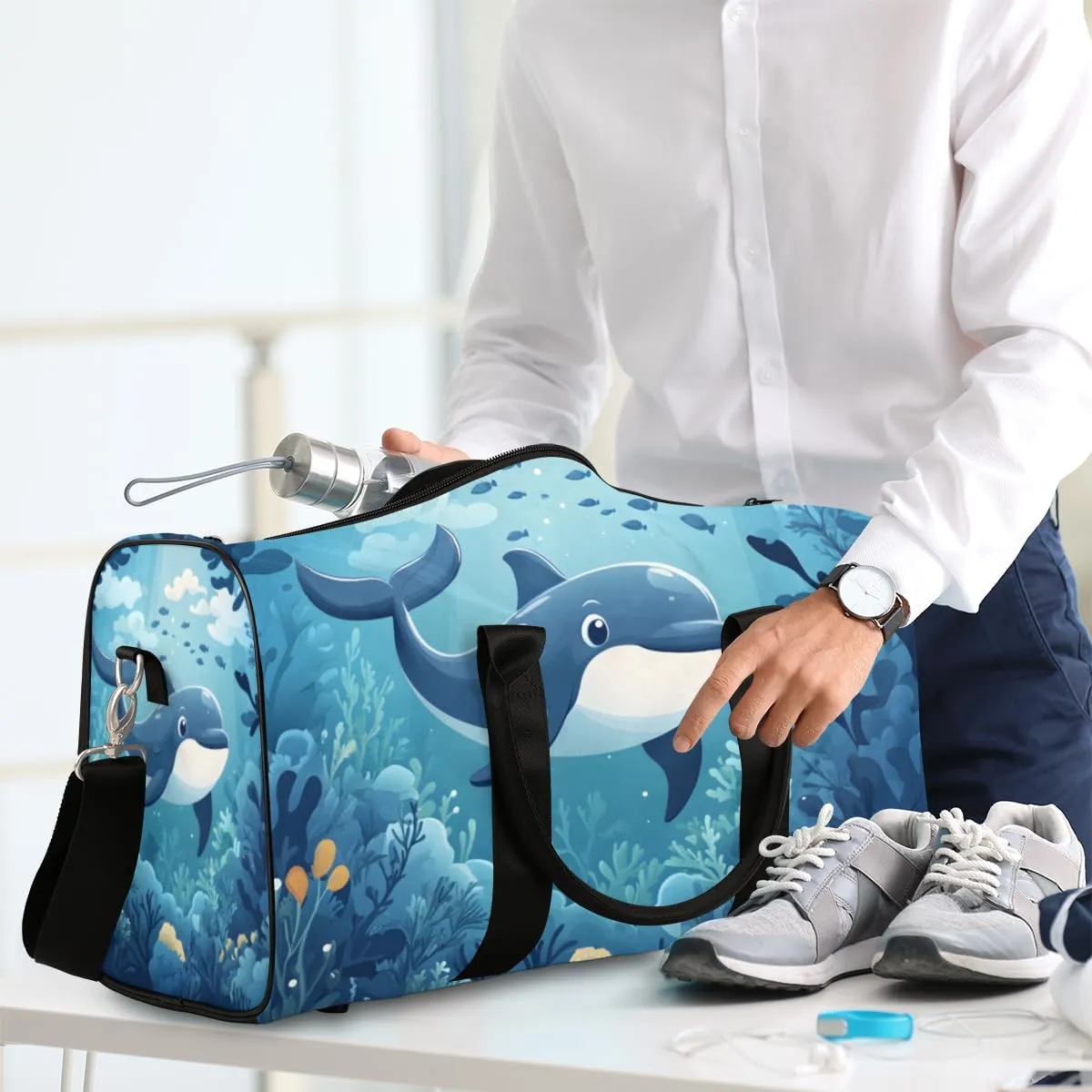 Blue Ocean Dolphin Travel Duffle Bag for Women Men Gym Duffel Foldable Bag Waterproof Weekender Underwater World Duffle Tote