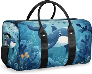 Blue Ocean Dolphin Travel Duffle Bag for Women Men Gym Duffel Foldable Bag Waterproof Weekender Underwater World Duffle Tote