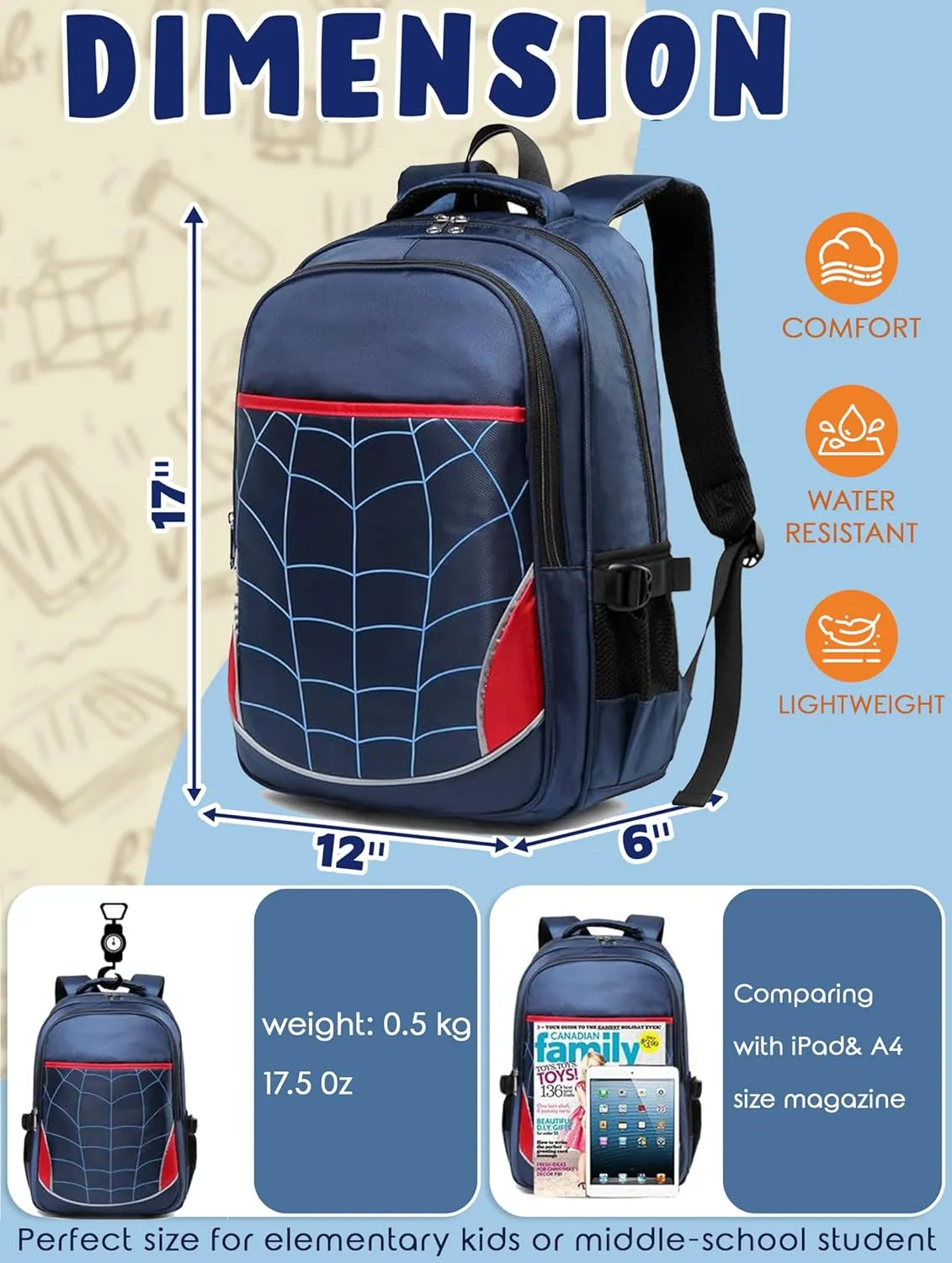 BLUEFAIRY Kids Backpack for Boys Elementary School Bags Kindergarten Primary School Bags Bookbags Back to School Book Bags Gifts Large Campartments Mochilas para Niños 17" Royal Blue