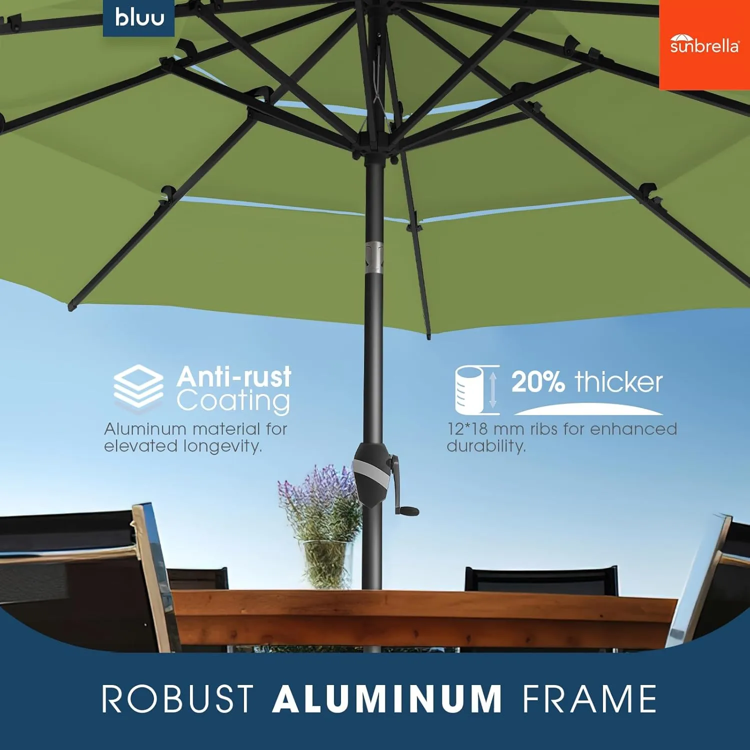 BLUU 3 Tiers Sunbrella Umbrella Market Table Sun Umbrella Aluminum Patio Umbrella with Cover