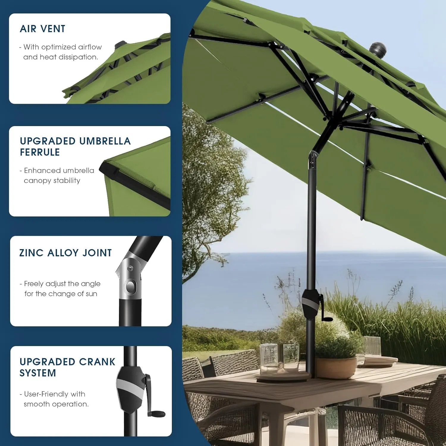 BLUU 3 Tiers Sunbrella Umbrella Market Table Sun Umbrella Aluminum Patio Umbrella with Cover