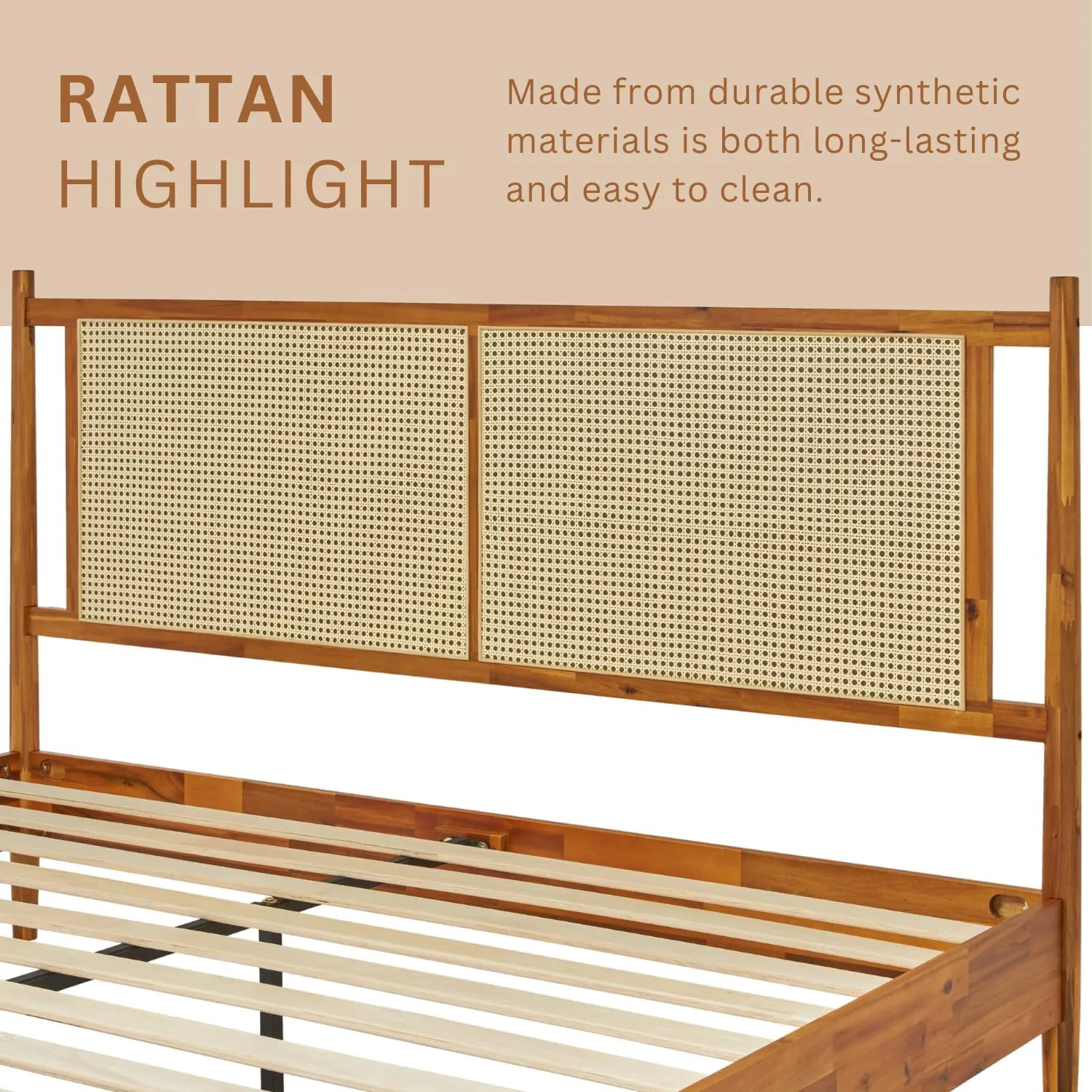 Bme Oliver King Bed Frame and Headboard - 15-Inch Signature Design with Rattan Headboard, Bohemian and Mid Century Style, 12-Slat Wood Support, No Box Spring Needed - Easy Assembly, Caramel