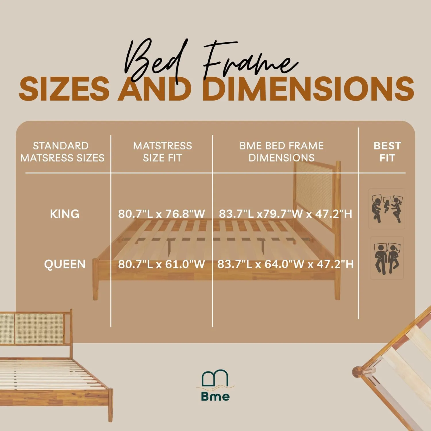Bme Oliver King Bed Frame and Headboard - 15-Inch Signature Design with Rattan Headboard, Bohemian and Mid Century Style, 12-Slat Wood Support, No Box Spring Needed - Easy Assembly, Caramel