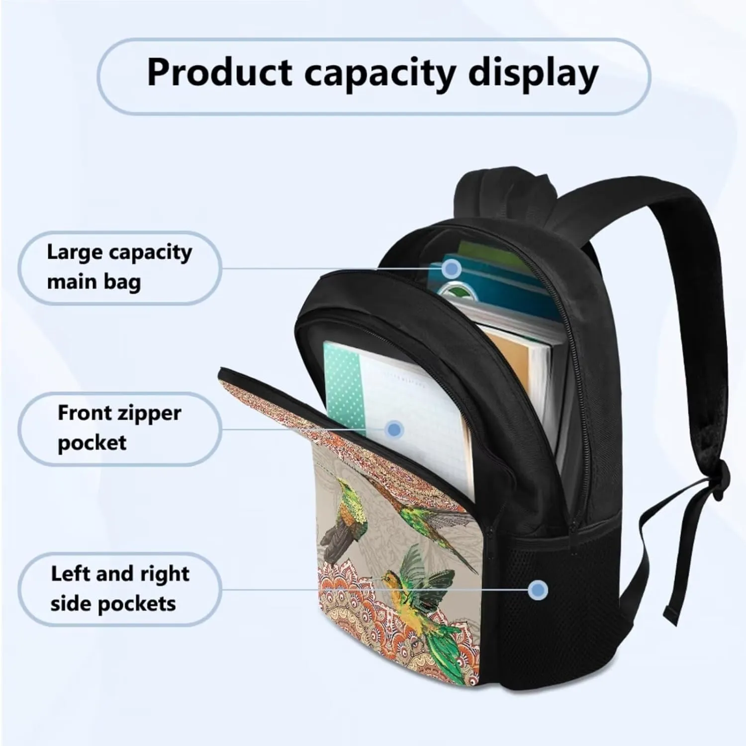 Boho Hummingbird School Backpack for Girls 8-10 6th Grade Aesthetic Bookbag for Kids with Lunch Box Pencil Case Teen Schoolbag for Elementary Primary 3 Piece Backpacks Set