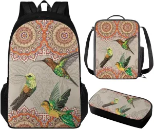 Boho Hummingbird School Backpack for Girls 8-10 6th Grade Aesthetic Bookbag for Kids with Lunch Box Pencil Case Teen Schoolbag for Elementary Primary 3 Piece Backpacks Set