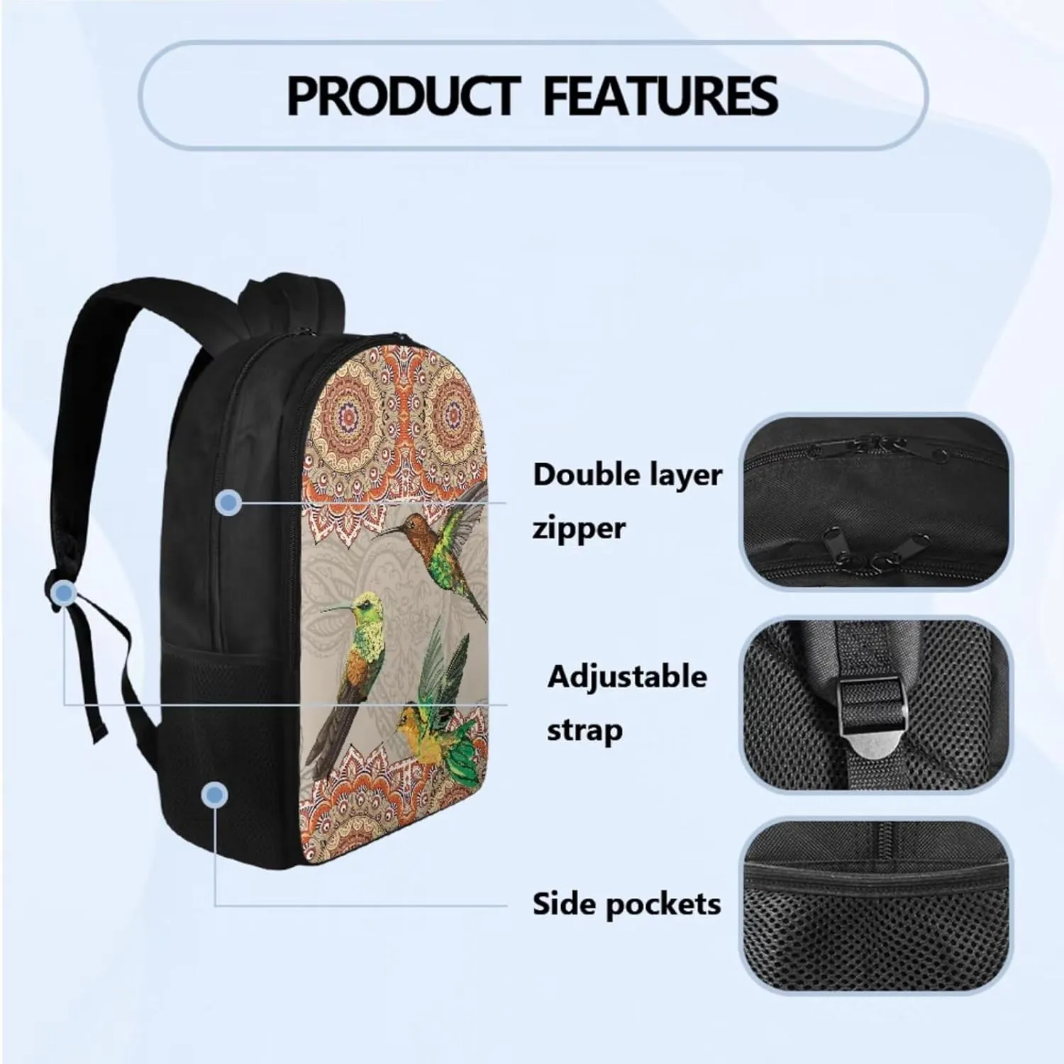 Boho Hummingbird School Backpack for Girls 8-10 6th Grade Aesthetic Bookbag for Kids with Lunch Box Pencil Case Teen Schoolbag for Elementary Primary 3 Piece Backpacks Set