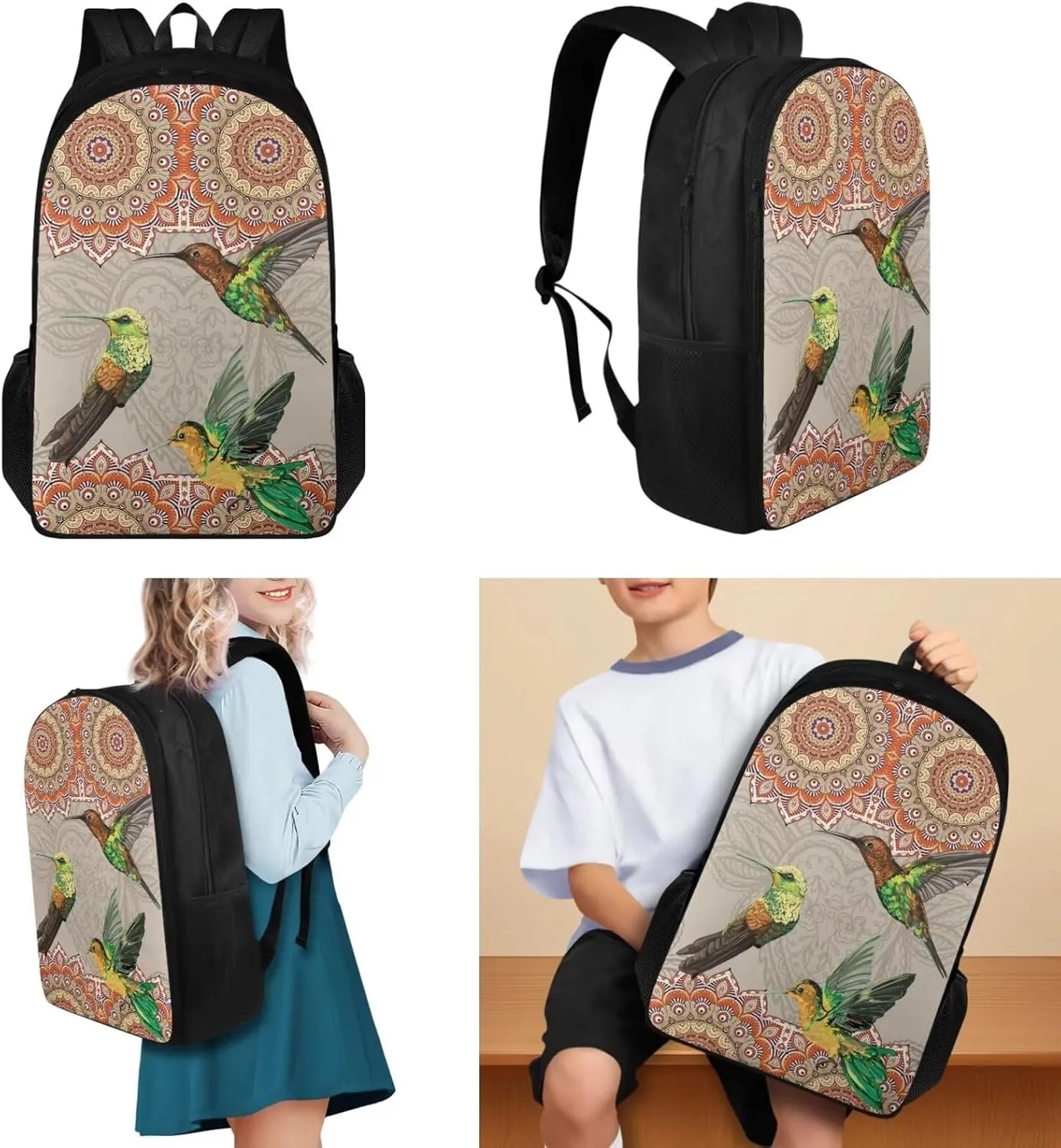 Boho Hummingbird School Backpack for Girls 8-10 6th Grade Aesthetic Bookbag for Kids with Lunch Box Pencil Case Teen Schoolbag for Elementary Primary 3 Piece Backpacks Set