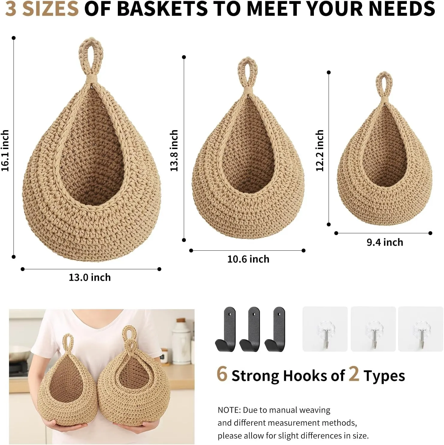 Boho Wall Hanging Fruit Baskets for Kitchen 3 Pack Woven Produce Holder with 6 Pcs Strong Hooks Vegetable Hanging Basket for Organizing Teardrop Home Wall Potato Onion Storage, Linen