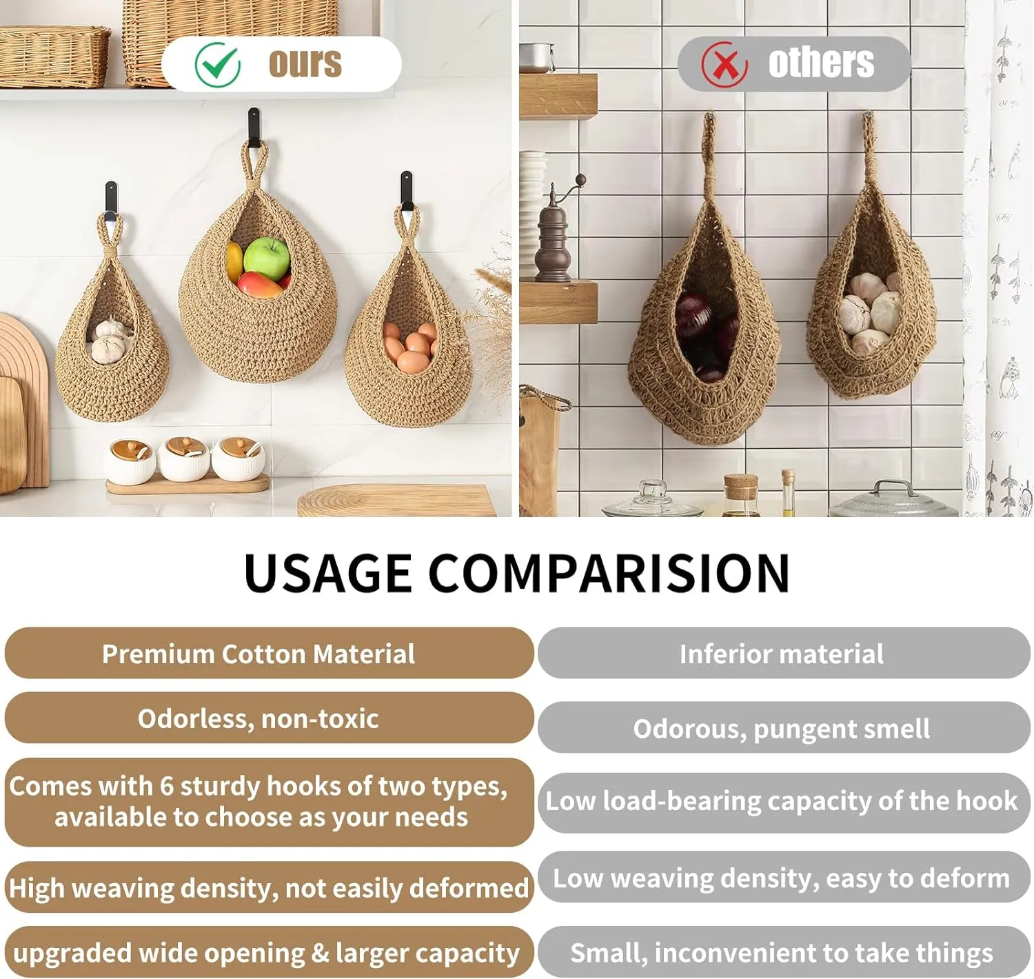 Boho Wall Hanging Fruit Baskets for Kitchen 3 Pack Woven Produce Holder with 6 Pcs Strong Hooks Vegetable Hanging Basket for Organizing Teardrop Home Wall Potato Onion Storage, Linen