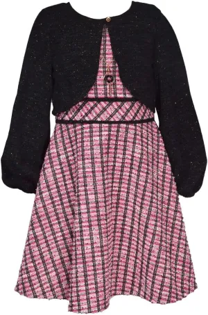 Bonnie Jean Girls 7-16 Pink Boucle Knit Black Cardigan Dress