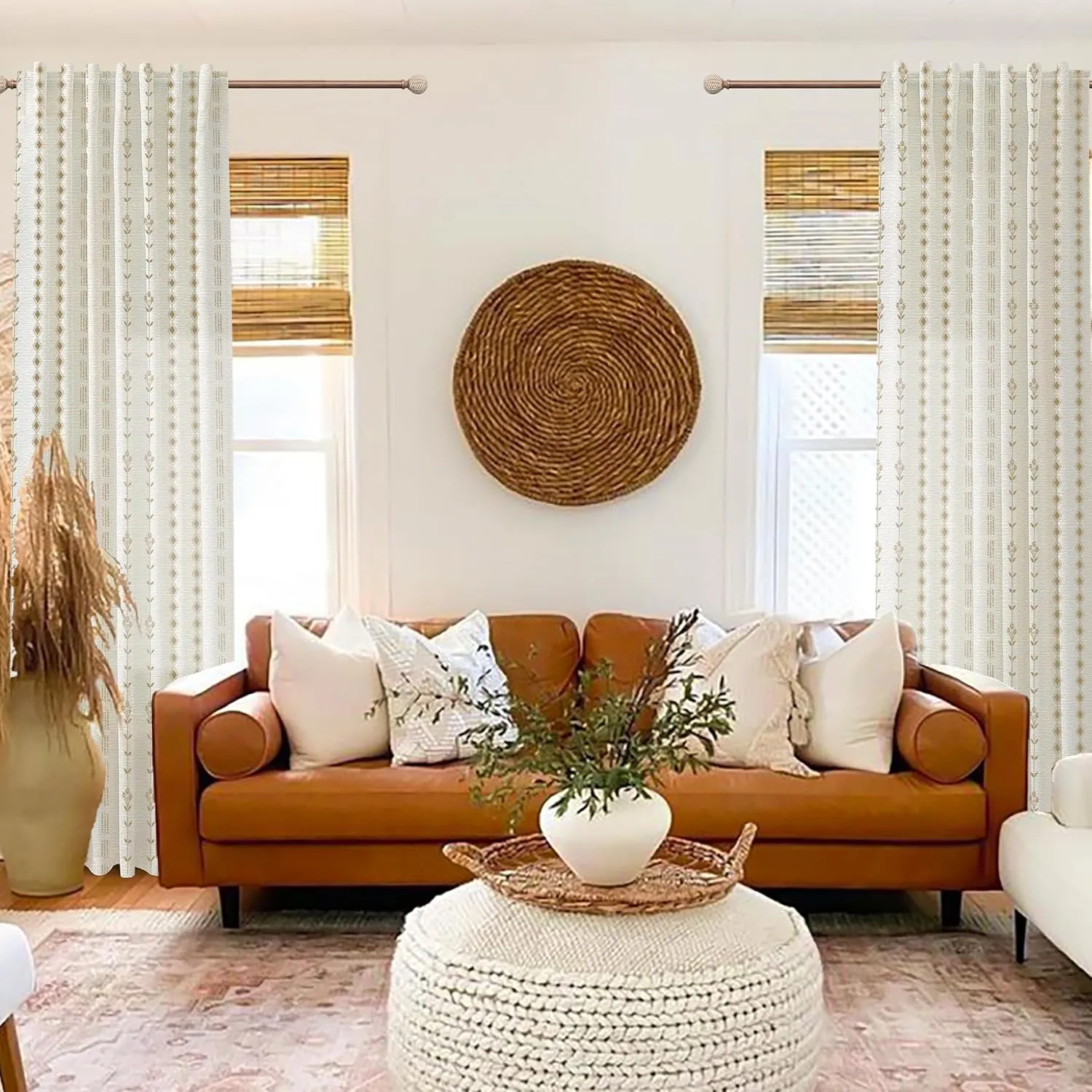 Brown Curtains for Living Room 2 Panels,Sheer Floral Linen Boho Farmhouse Light Weight Window Treatments