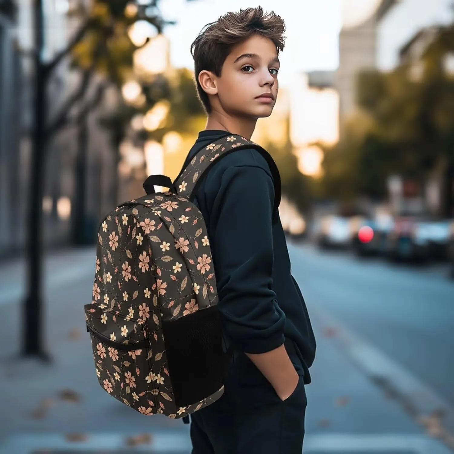 Brown Flowers Print Kids Backpack with Floral Design Lightweight School Bookbag for School Hiking Travel