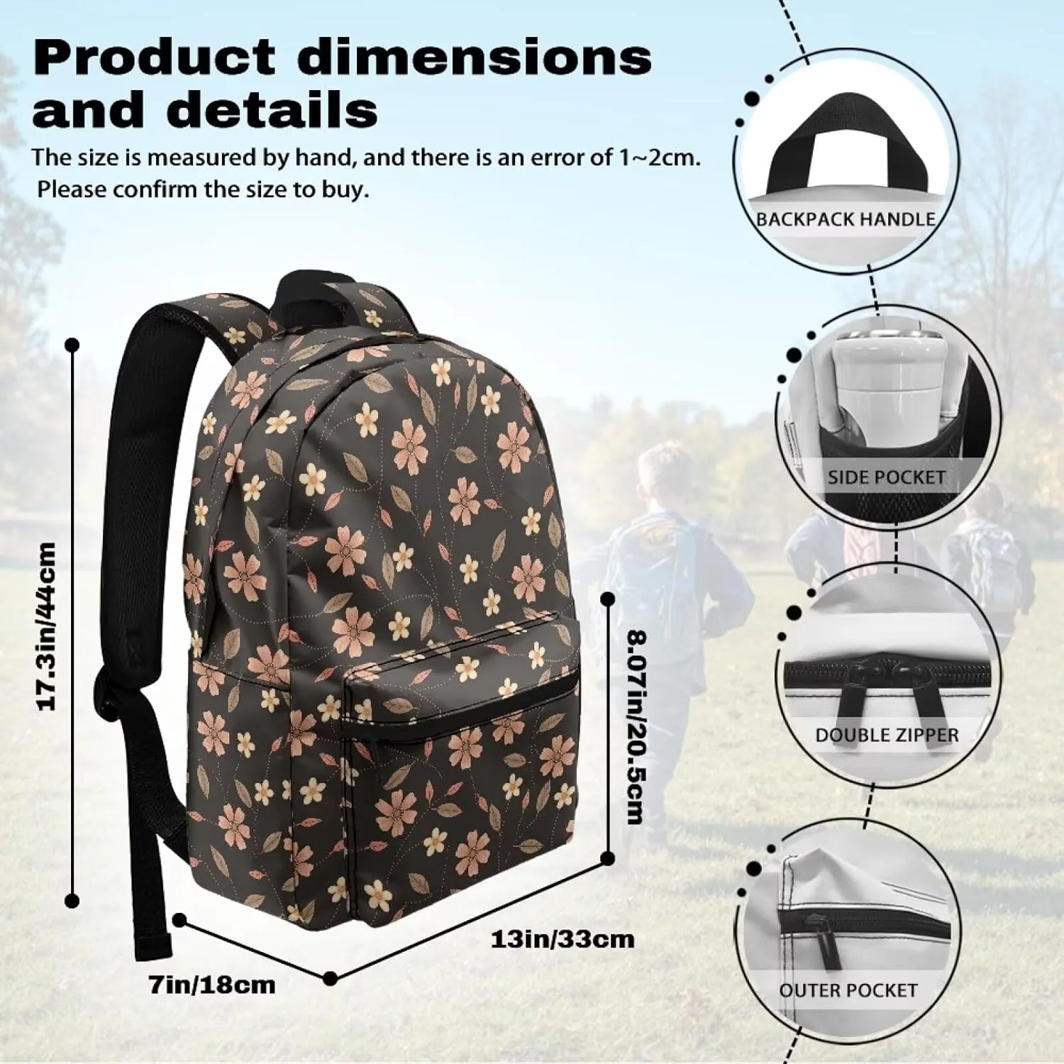 Brown Flowers Print Kids Backpack with Floral Design Lightweight School Bookbag for School Hiking Travel