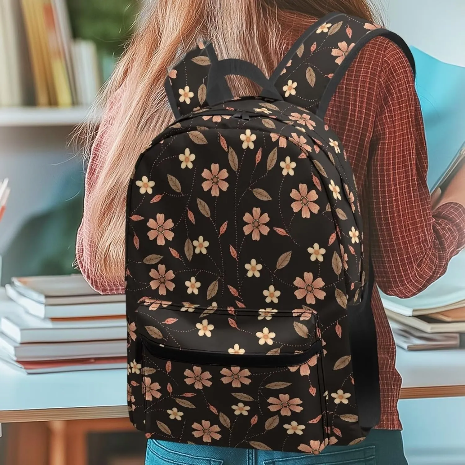 Brown Flowers Print Kids Backpack with Floral Design Lightweight School Bookbag for School Hiking Travel