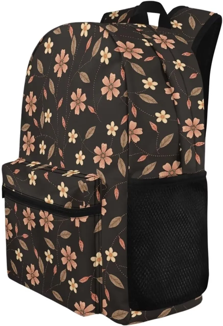Brown Flowers Print Kids Backpack with Floral Design Lightweight School Bookbag for School Hiking Travel