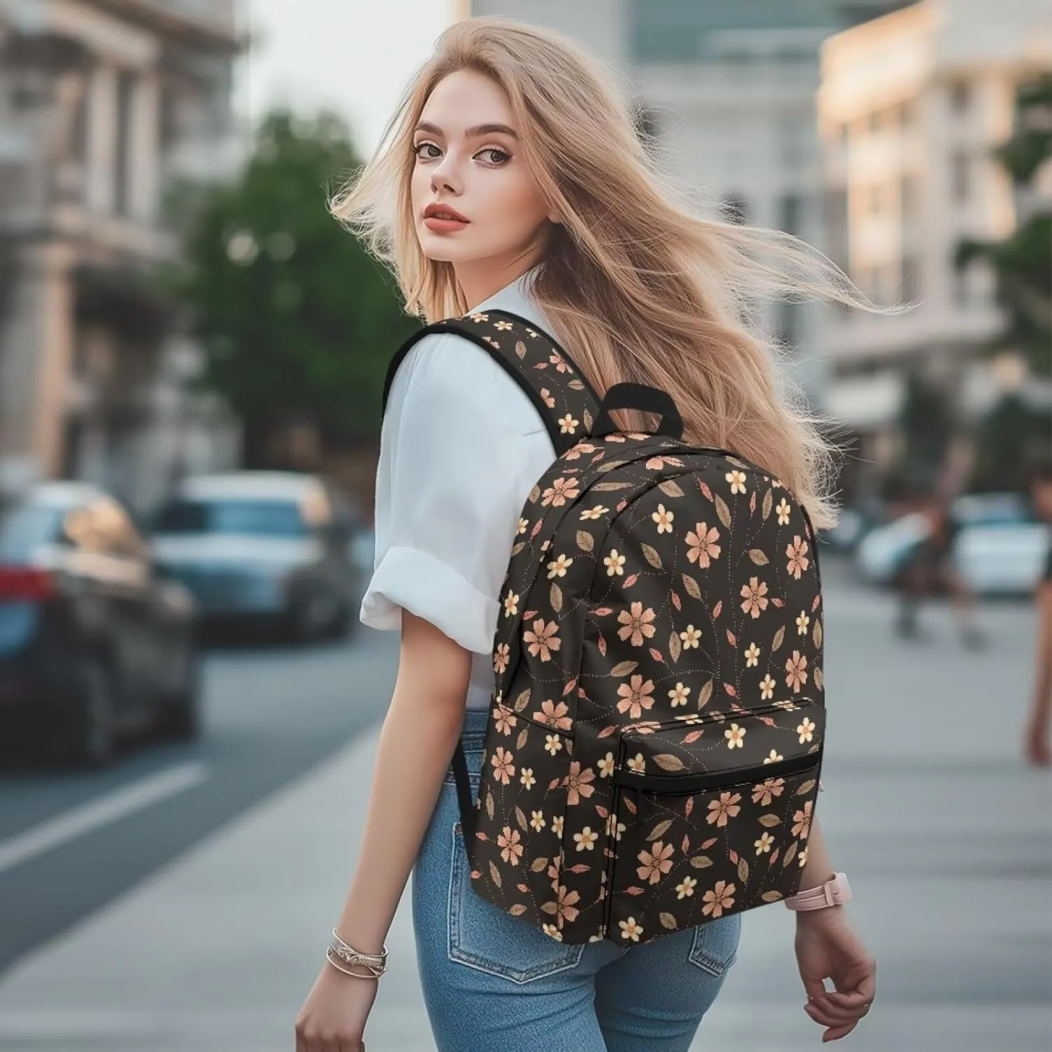 Brown Flowers Print Kids Backpack with Floral Design Lightweight School Bookbag for School Hiking Travel