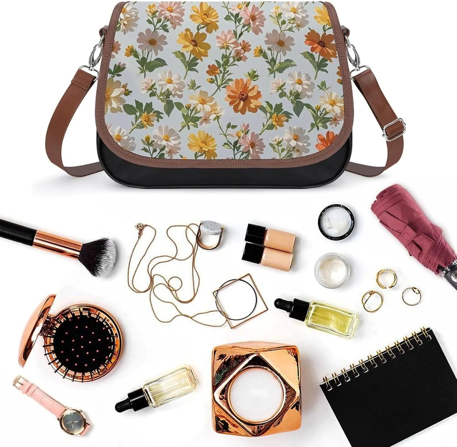 Brown Ginkgo Leaves Crossbody Bags for Women Travel Shoulder Bag Small Leather Cross Body Handbags