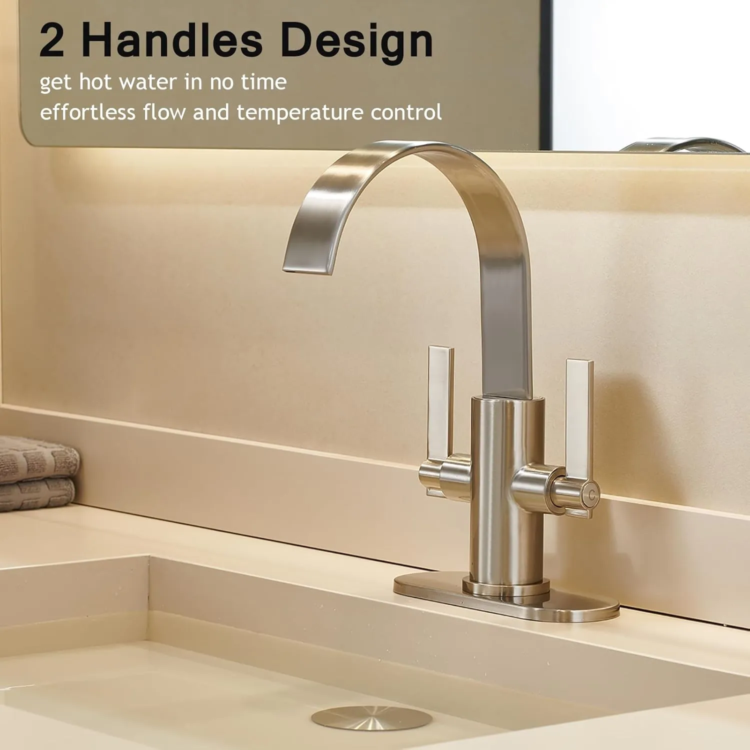 Brushed Nickel Bathroom Faucets，Bathroom Sink Faucet 3 Hole or 1 Hole,2 Handle Waterfall Faucet with Deck Plate，high-arc 360° Swivel spout for Vanity Sink with Metal Pop-Up Drain & Supply Lines
