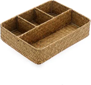 BTSKY Desk Drawer Organizer Tray, Coffee Station Organizer Tea Bag Organizer, Woven Seagrass Storage Basket with 4 Divided Sections Handwoven Wicker Storage Basket for Shelves, Pantry, Coffee Bar