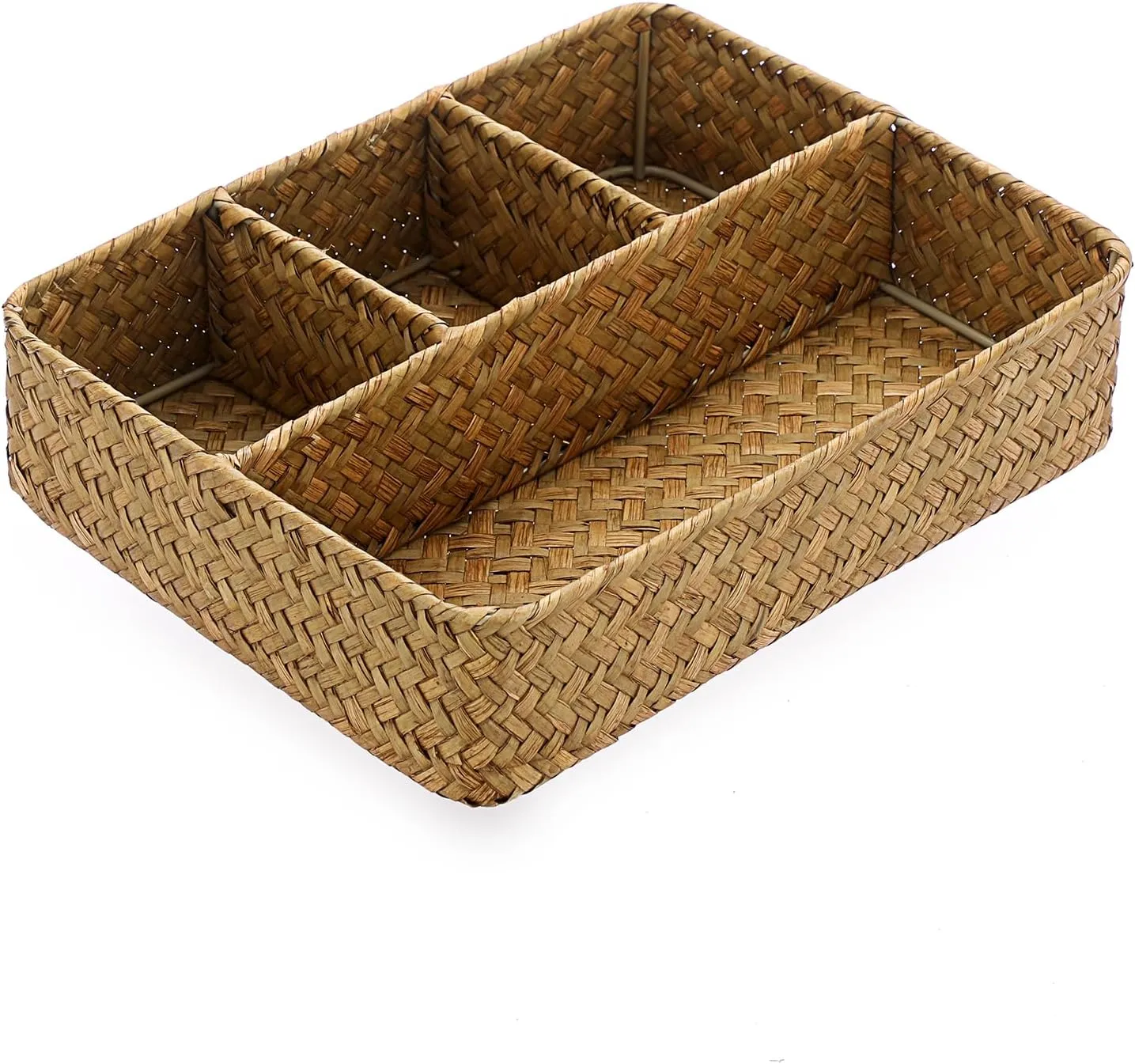BTSKY Desk Drawer Organizer Tray, Coffee Station Organizer Tea Bag Organizer, Woven Seagrass Storage Basket with 4 Divided Sections Handwoven Wicker Storage Basket for Shelves, Pantry, Coffee Bar