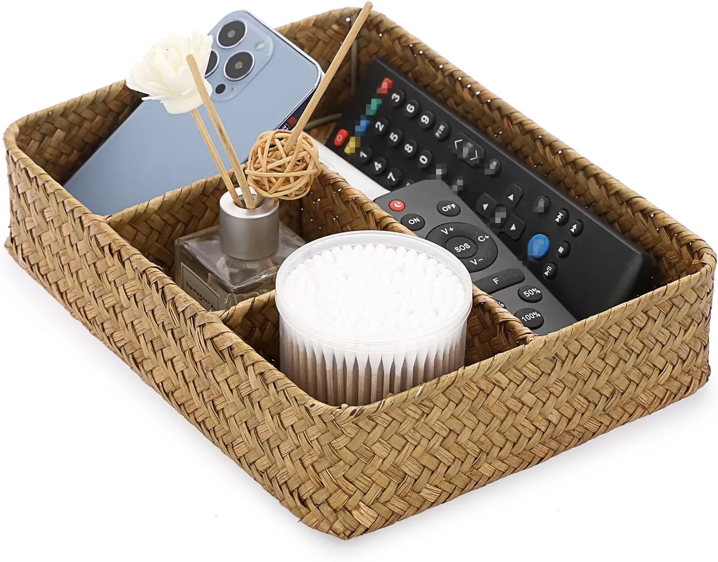 BTSKY Desk Drawer Organizer Tray, Coffee Station Organizer Tea Bag Organizer, Woven Seagrass Storage Basket with 4 Divided Sections Handwoven Wicker Storage Basket for Shelves, Pantry, Coffee Bar
