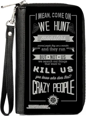 Buckle-Down Supernatural Wallet, Zip Around, Supernatural Dean CRAZY PEOPLE Quote/Winchester Pentagram Black/Grays, Vegan Leather