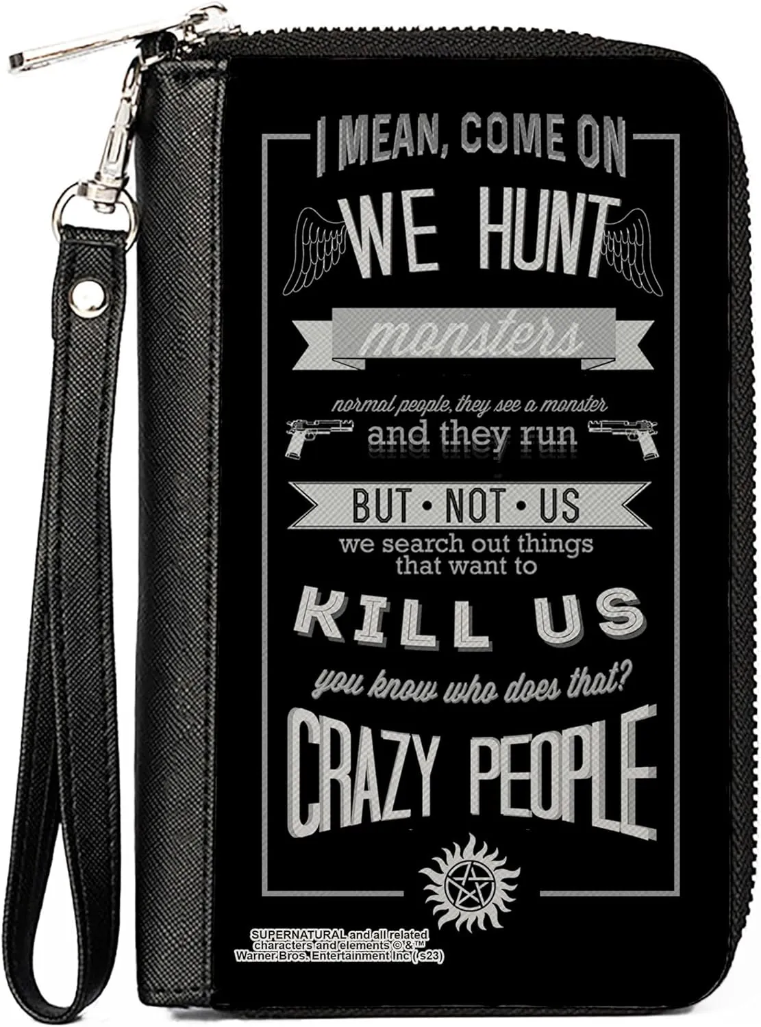 Buckle-Down Supernatural Wallet, Zip Around, Supernatural Dean CRAZY PEOPLE Quote/Winchester Pentagram Black/Grays, Vegan Leather