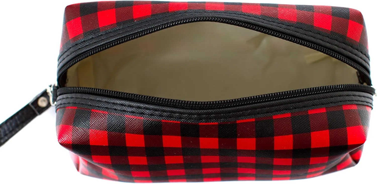 Buffalo Plaid Cosmetic Bag Make Up Bag Red (7"L x 4"H x 3"W, Buffalo Plaid Red)