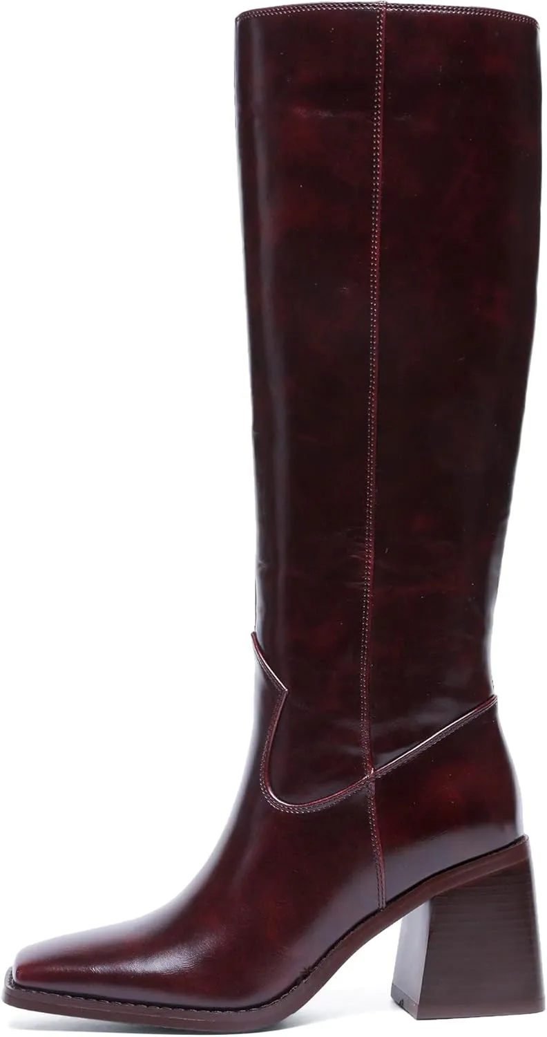 Burgundy Knee High Boots for Women Square Toe Chunky Block Heeled Wide Calf Boots Fall Tall Long Boots with Zipper