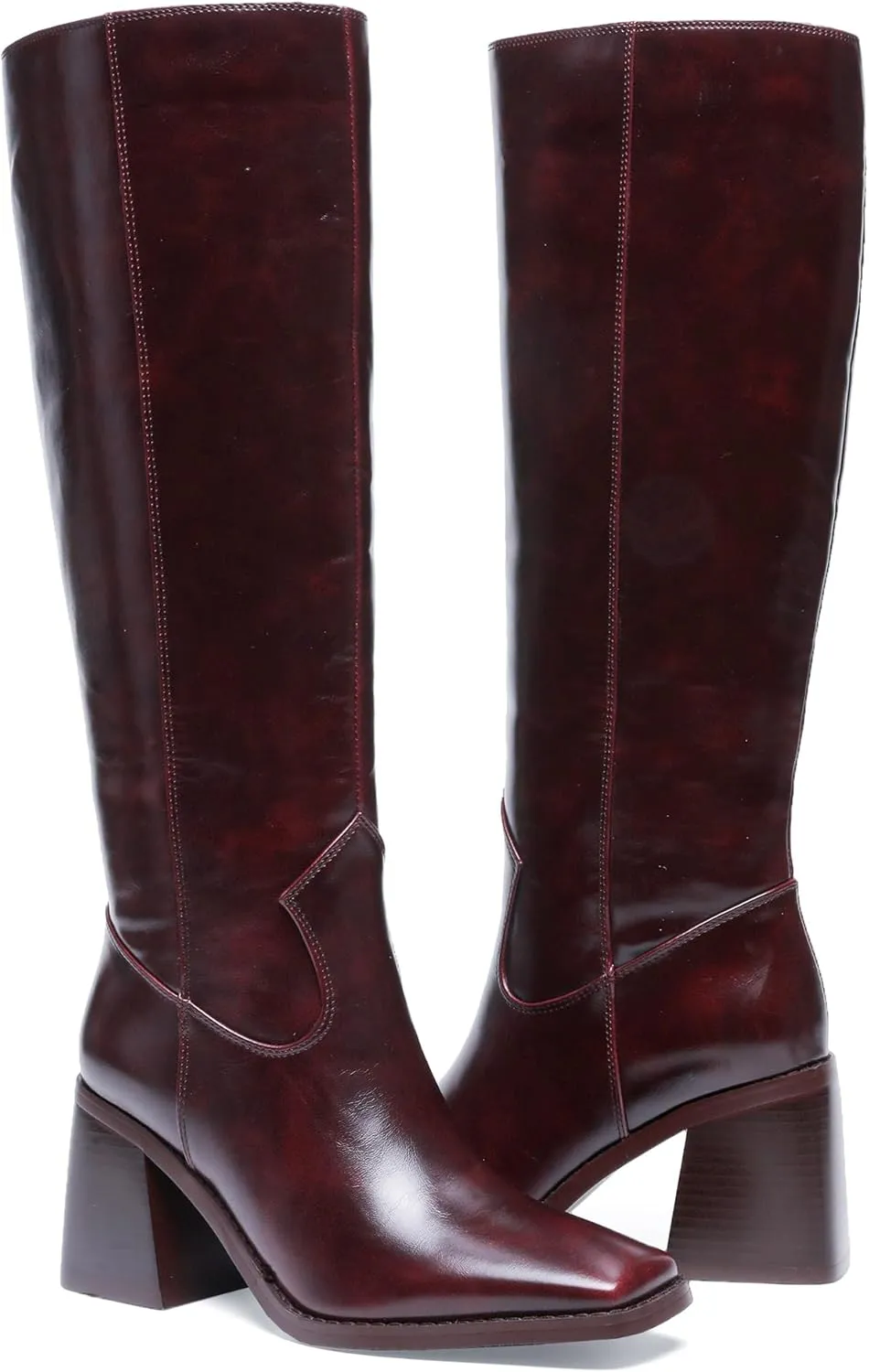 Burgundy Knee High Boots for Women Square Toe Chunky Block Heeled Wide Calf Boots Fall Tall Long Boots with Zipper