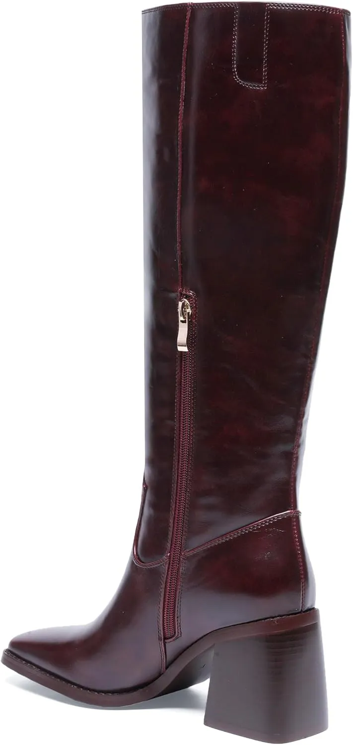 Burgundy Knee High Boots for Women Square Toe Chunky Block Heeled Wide Calf Boots Fall Tall Long Boots with Zipper
