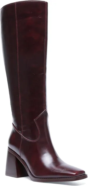 Burgundy Knee High Boots for Women Square Toe Chunky Block Heeled Wide Calf Boots Fall Tall Long Boots with Zipper